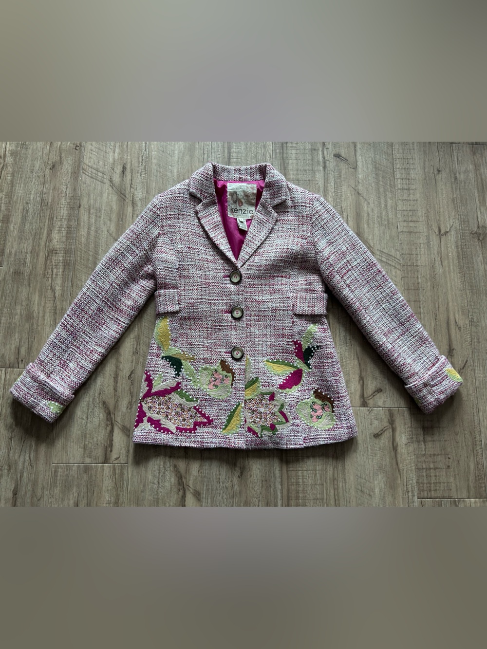 Wool blend Kenzie Pink Tweed Blazer with Floral Embroidery artsy statement